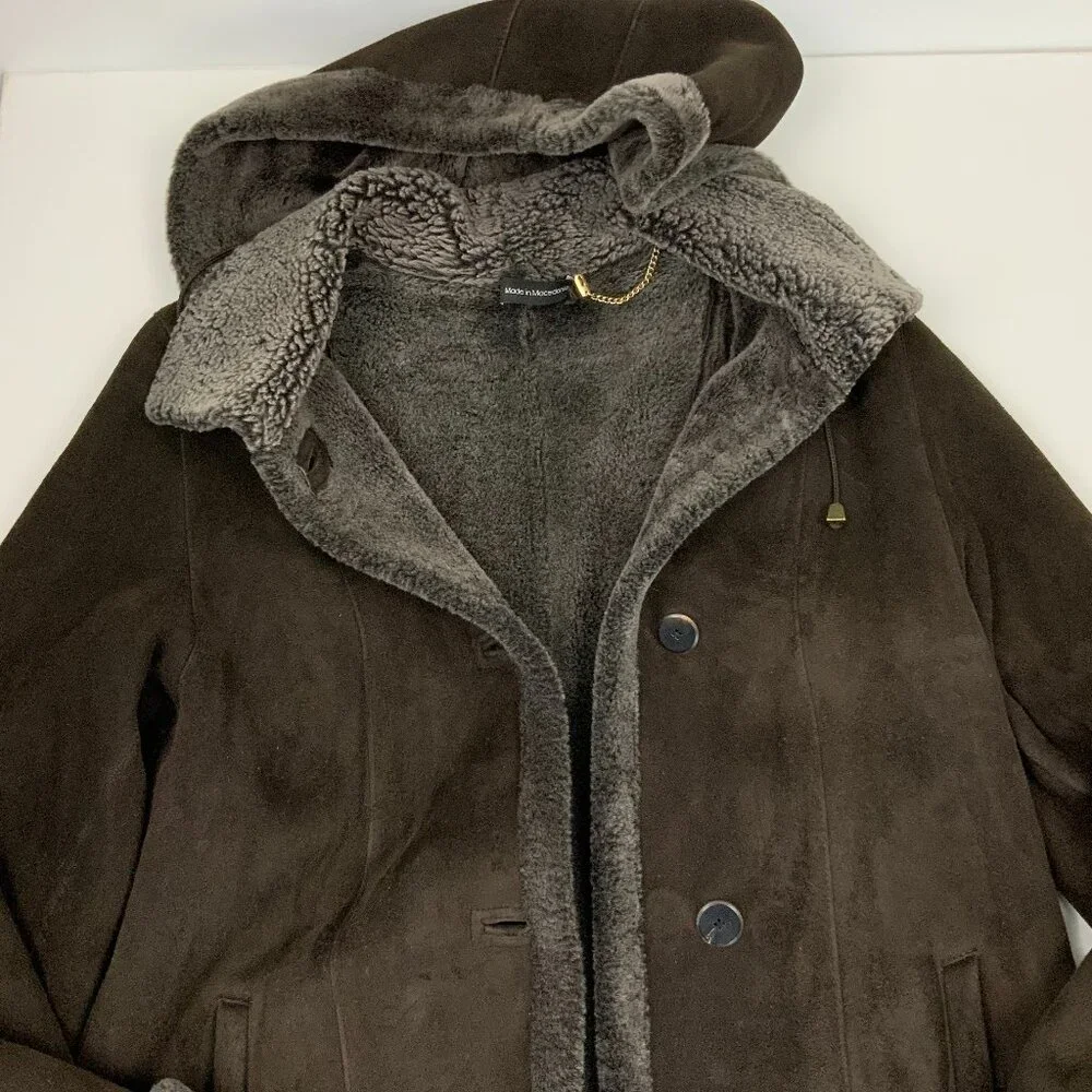 Marco Gianotti Macy's Brown Genuine Sherling Hooded Coat Sz 8 - Picture 11 of 16